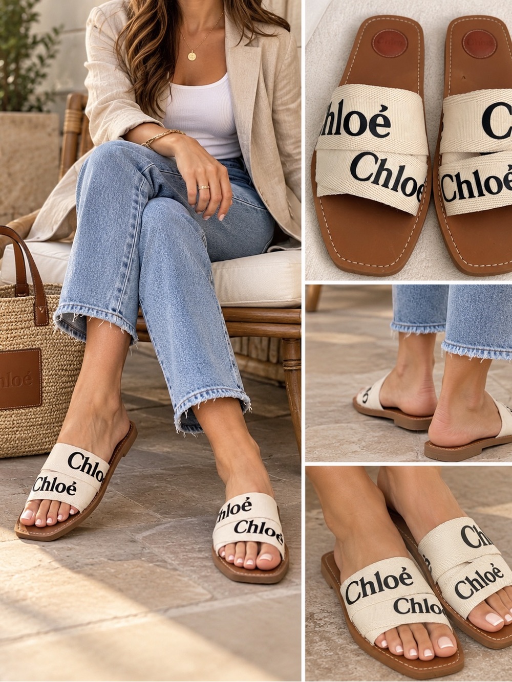 Chloé Cream Canvas Logo Slide Sandals with Brown Footbed